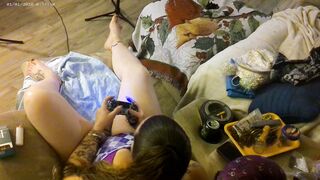 Roommate stands over me from behind and films down my blouse while I smoke and play video games