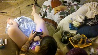 Roommate stands over me from behind and films down my blouse while I smoke and play video games