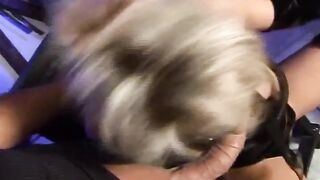 Blonde milf in latex has bondage sex to lick cum