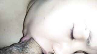 CLOSE UP big lips suck hard and deep, with her tongue drooling all over everything