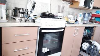 Hairy brunette milf, big tits, sensual hairy woman in the kitchen.