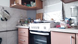 Hot wife prepares naked food in the kitchen. Amateur wife with hairy pussy, big tits, big ass.